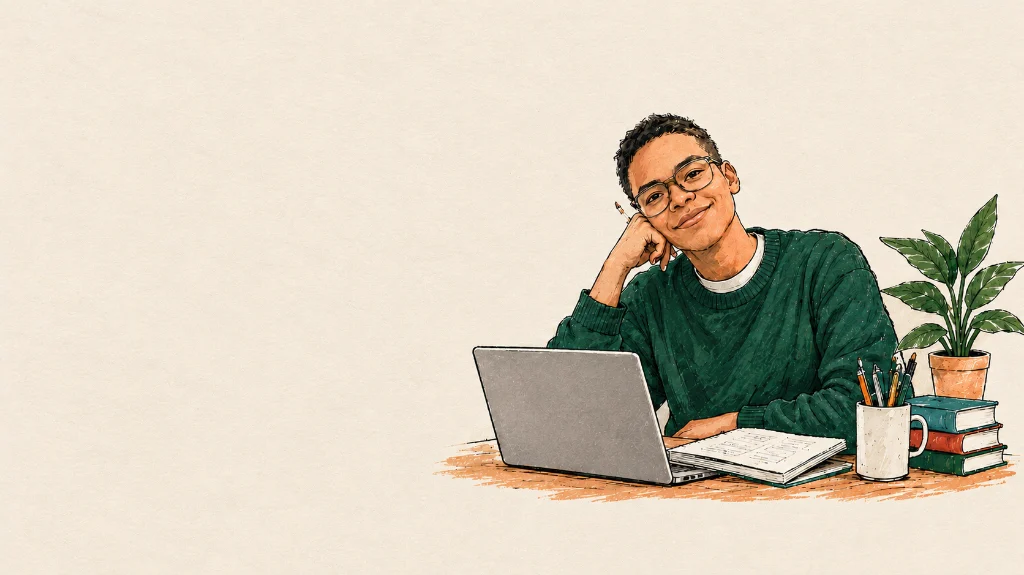 Ilustración editorial de Marcos Blanco trabajando en su escritorio con laptop y plantas