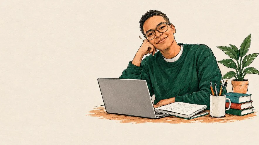 Ilustración de Marcos Blanco trabajando en su escritorio con laptop y plantas