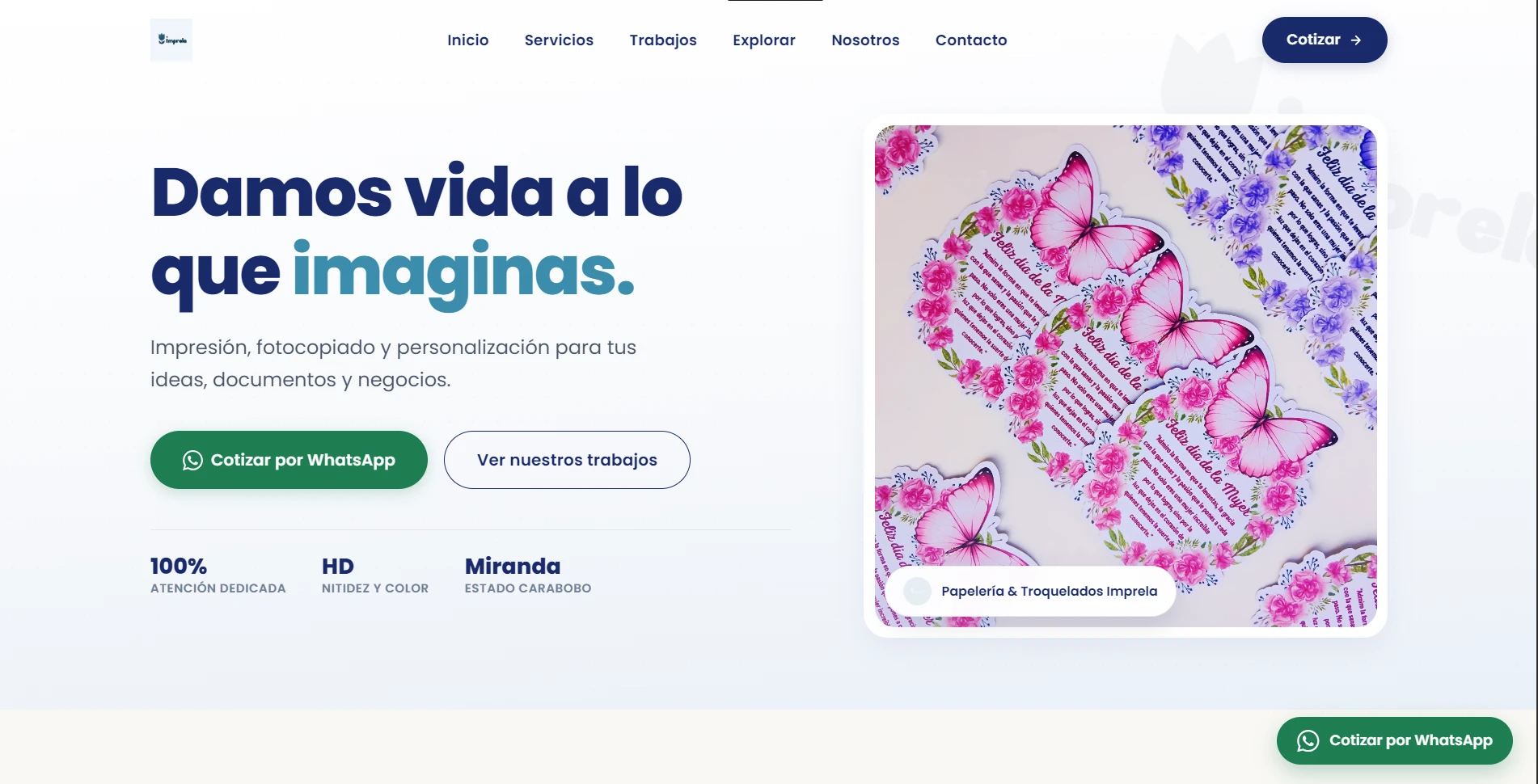 Captura de la página de inicio de Imprela, papelería y troquelados