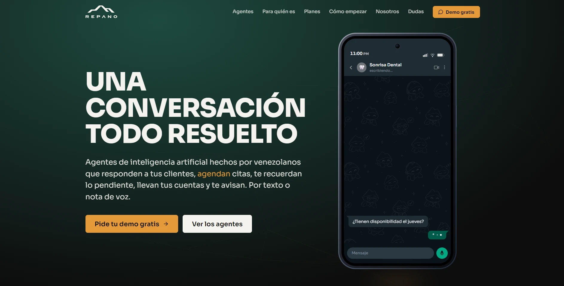 Captura de la página de inicio de Repano, agentes de inteligencia artificial para negocios